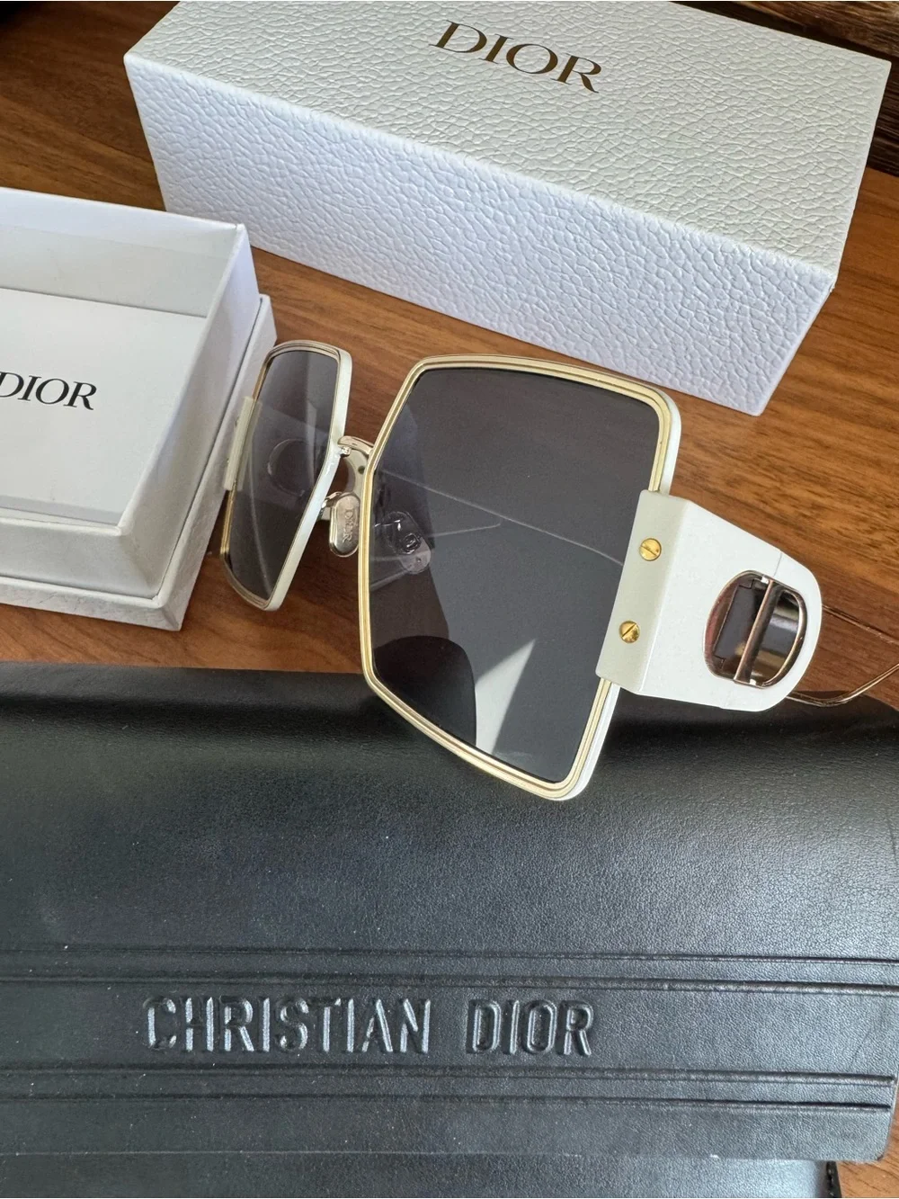 Dior White & Gold Square Sunglasses - Black Lenses